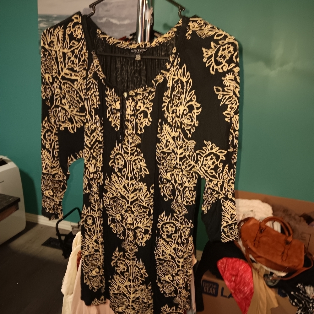 Lucky Brand Black and Gold Tunic Top